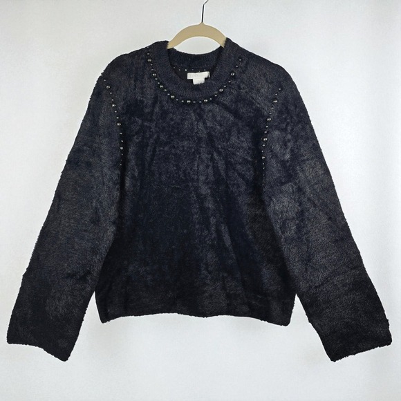 Design History Black Fuzzy Studded Crew Neck Sweater Women Large Soft Fluffy NWT - Picture 1 of 11
